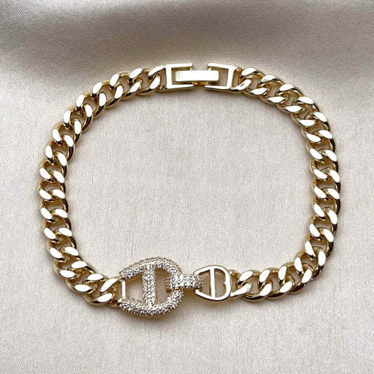 Oro Laminado Fancy Bracelet, Gold Filled Style Puff Mariner Design, with White Micro Pave, Polished, Golden Finish