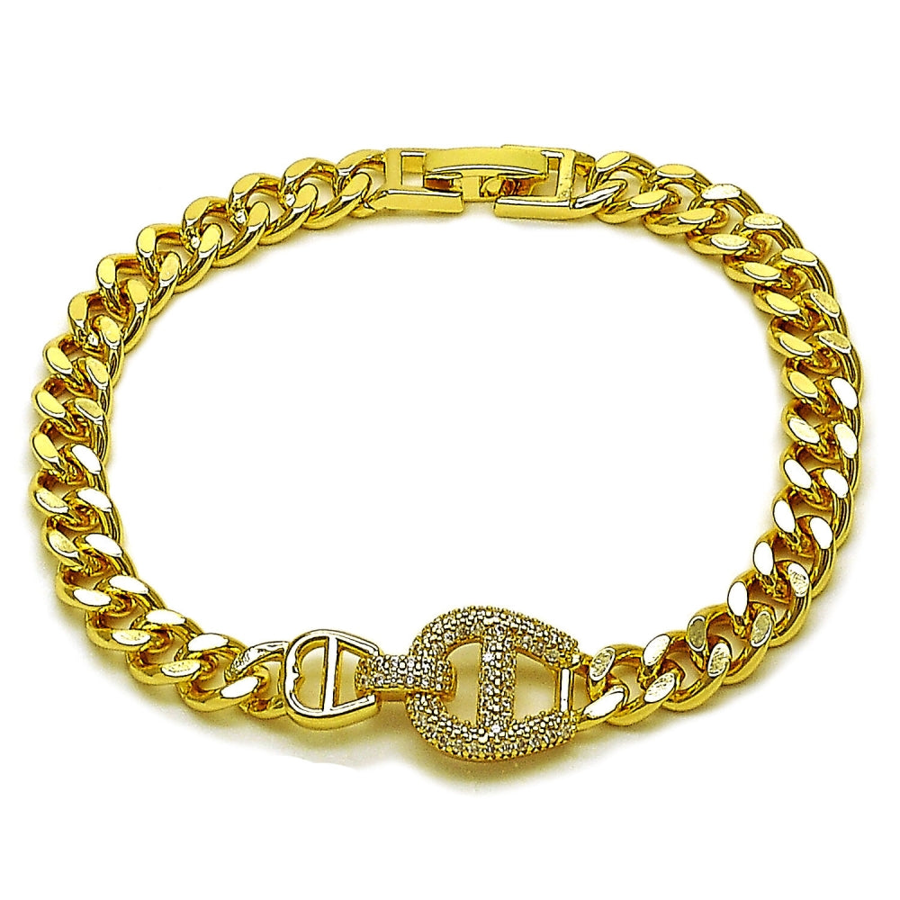 Oro Laminado Fancy Bracelet, Gold Filled Style Puff Mariner Design, with White Micro Pave, Polished, Golden Finish