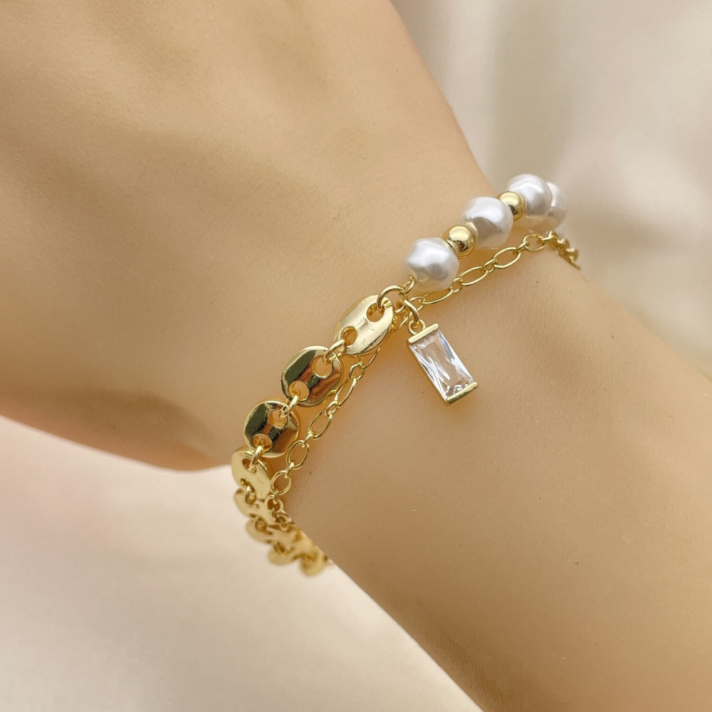 7" Gold Mariner Bracelet w/ Ivory Pearls and CZ Charm - Handmade Gold Filled Style Bracelets -03.213.0203.07