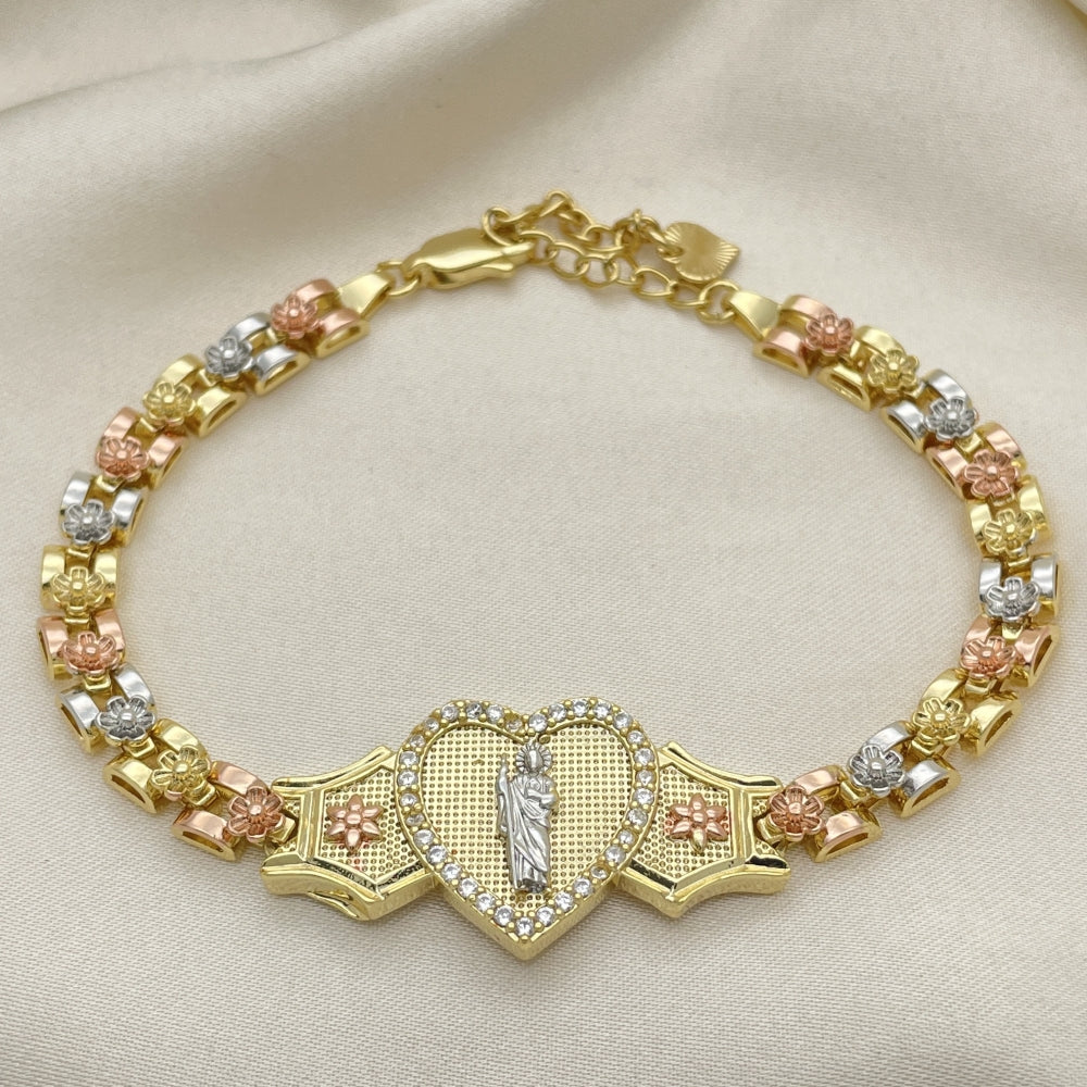 8" Tricolor Gold Bracelet Fancy w/ Heart Shape San Judas - Handmade Gold Filled Style Bracelets-03.253.0084.07