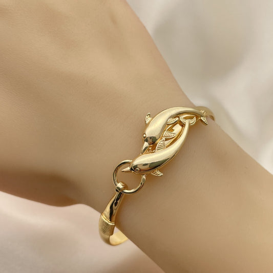 Gold Bangle Bracelet - Handmade w/ Double Dolphin Design  - Gold Filled Style Cuff Bangles 07.192.0020.1.04