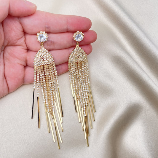 Long Drop Earrings Handmade w/ Diamond Crystal Zirconia Settings in Gold Filled Style Light Weight - Gold Filled Earrings 02.268.0109