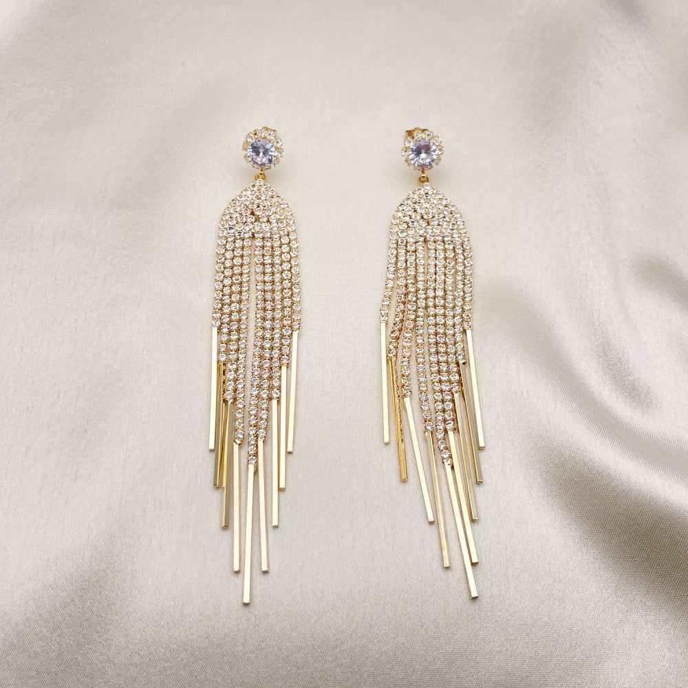 Long Drop Earrings Handmade w/ Diamond Crystal Zirconia Settings in Gold Filled Style Light Weight - Gold Filled Earrings 02.268.0109