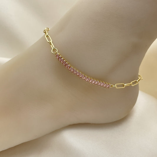 Gold Anklet - Paperclip w/ Pink Sapphire Tennis Handmade with Highest Gold Filled Style Craftsmanship Minimalist Anklets 03.130.0011.3.10