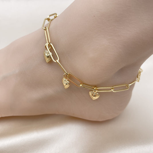 Gold Anklet - Paperclip Chain w/ Heart Charms Handmade with the Highest Gold Filled Style Craftsmanship - Gold Filled Anklets 03.63.2279.10