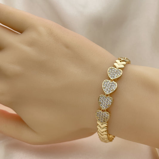 7" Gold Fancy Heart Bracelet  w/ Heart Design and White CZ Stones - Handmade Gold Filled Style Bracelets - 03.283.0046.07