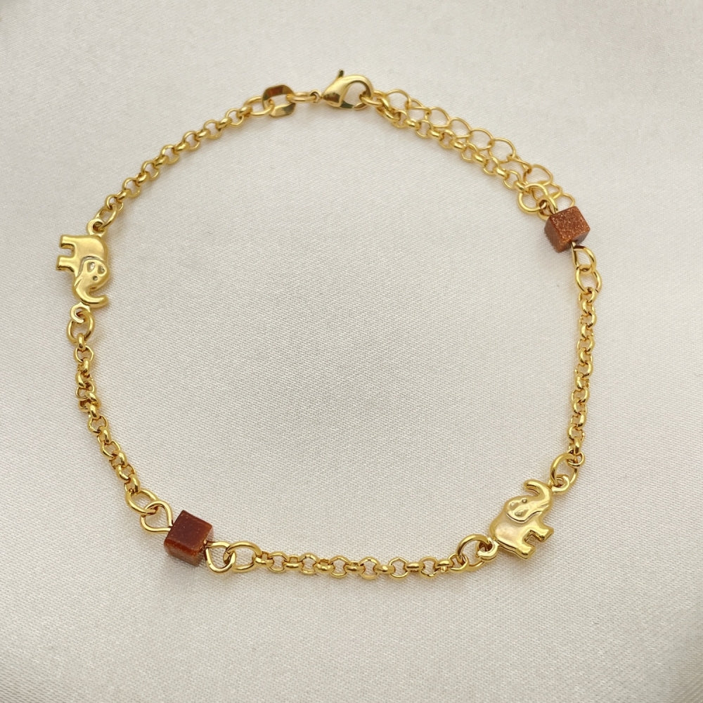 7" Gold Bracelet - Dainty Elephant Bracelet w/ Goldstone For Women Handmade - Gold Filled Bracelets 03.02.0092.07