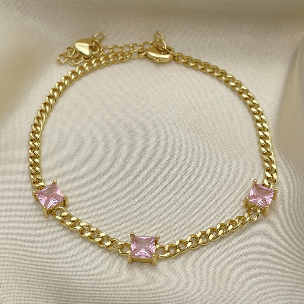 7" Adjustable Gold Cuban Bracelet w/ Square Pink Sapphire - Handmade Gold Filled Style Bracelets-03.213.0163.5.07