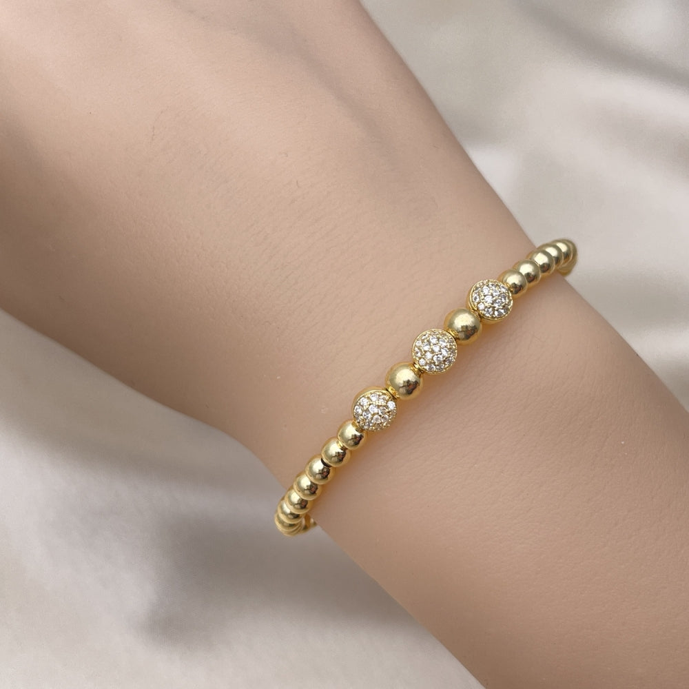 Open Gold Bead Bangle Bracelet - Handmade w/ White CZ Ball Design - Gold Filled Style Cuff Bangles 07.228.0007