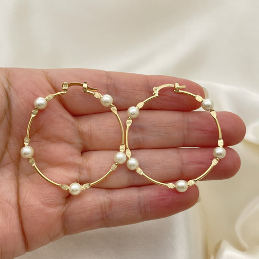 Gold Pearl 40mm Hoop Earrings Handmade - Very Light Weight  Jewelry Piece - Gold Filled Style Hoops 02.02.0527.40