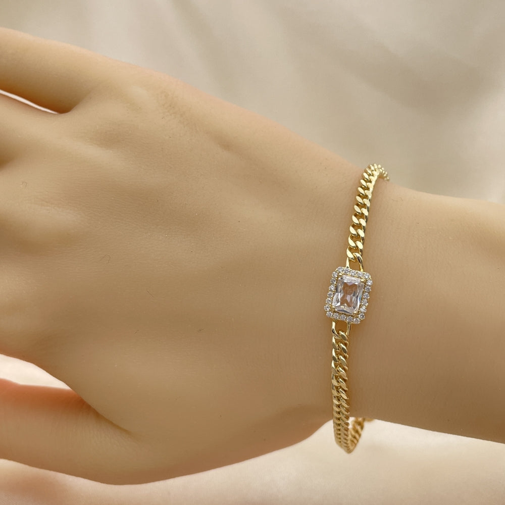 7" Adjustable Cuban Bracelet w/White Square Stone -Handmade - Gold Filled Bracelets - 03.213.0150.1.07