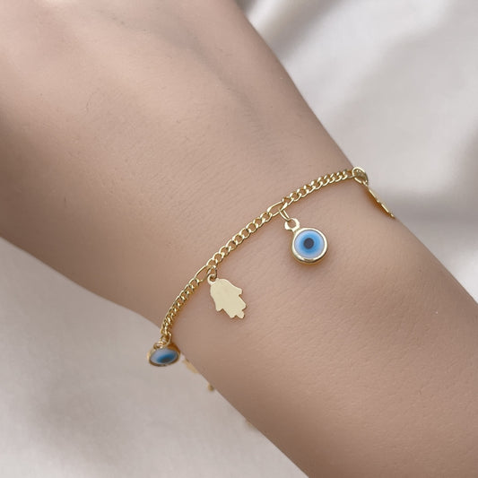 8" Adjustable Gold Cuban Bracelet w/ Hamsa and Evil Eye Charms - Handmade Gold Filled Style Bracelets 03.169.0005.08