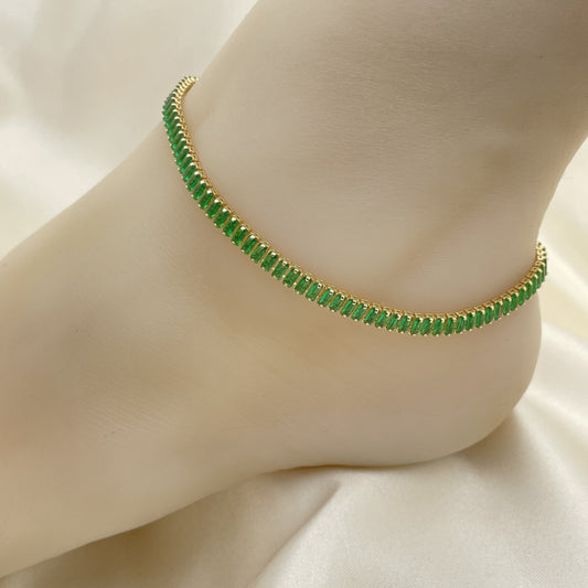 Green Emerald Rhinestone Gold Anklet - Handmade with Lab made Gemstone and the Highest Gold Filled Style Craftsmanship - 03.130.0008.7.10