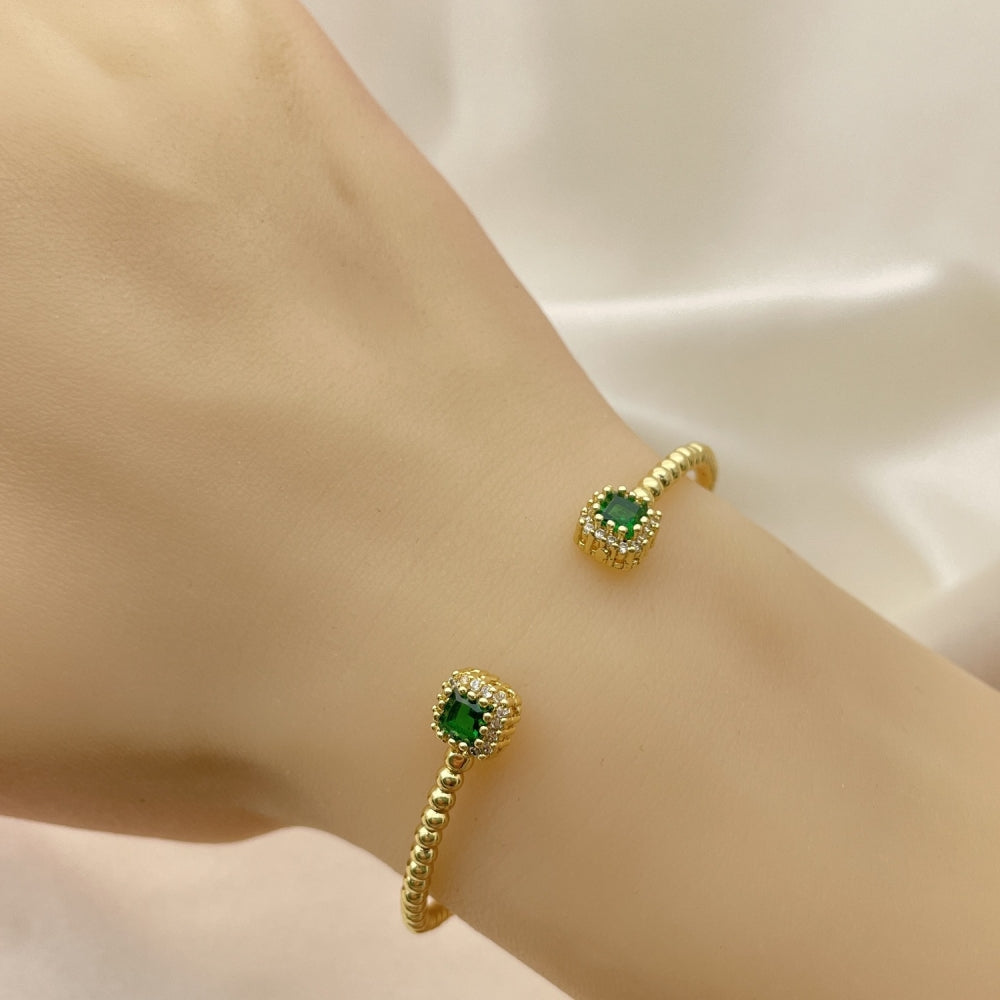 Open Gold Bead Bangle Bracelet - Handmade w/ Emerald Green Stones - Gold Filled Style Cuff Bangles - 07.228.0004.2