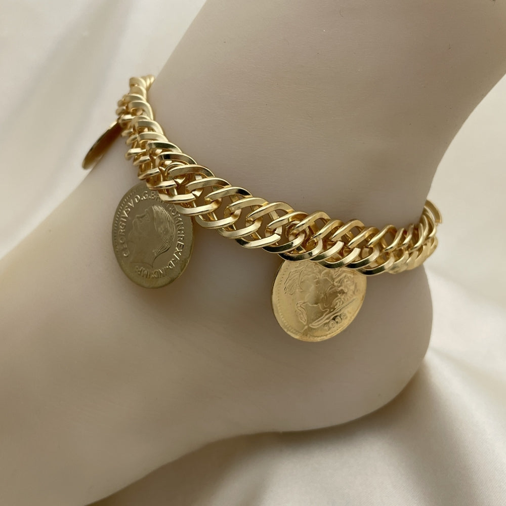 12 MM Gold Anklet - Double Curb Chain w/ Coin Charm Handmade with the Highest Craftsmanship - Gold Filled Style Anklets 03.331.0128.10