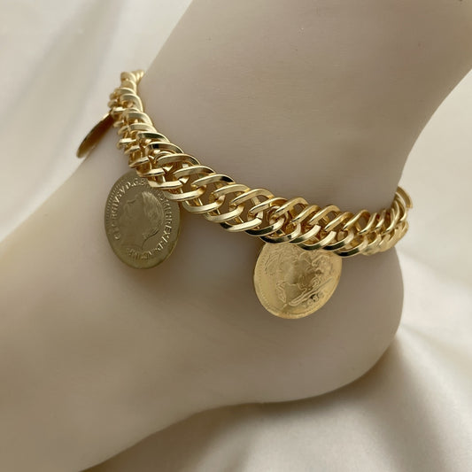 12 MM Gold Anklet - Double Curb Chain w/ Coin Charm Handmade with the Highest Craftsmanship - Gold Filled Style Anklets 03.331.0128.10