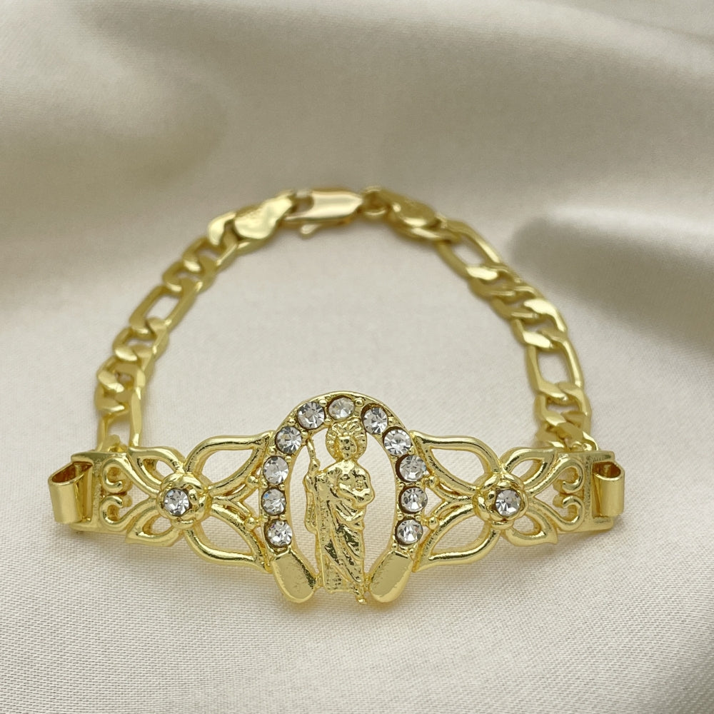 7" Gold Figaro Bracelet w/ San Judas Horseshow and White CZ Stones - Handmade Gold Filled Style Bracelets - 03.253.0076.07