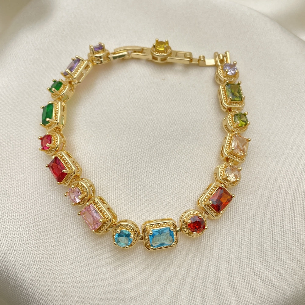 8" Gold Tennis Baguette Style w/ Multicolor Stones- Sparking Handmade Style- Gold Filled Bracelets - 03.283.0022.2.08