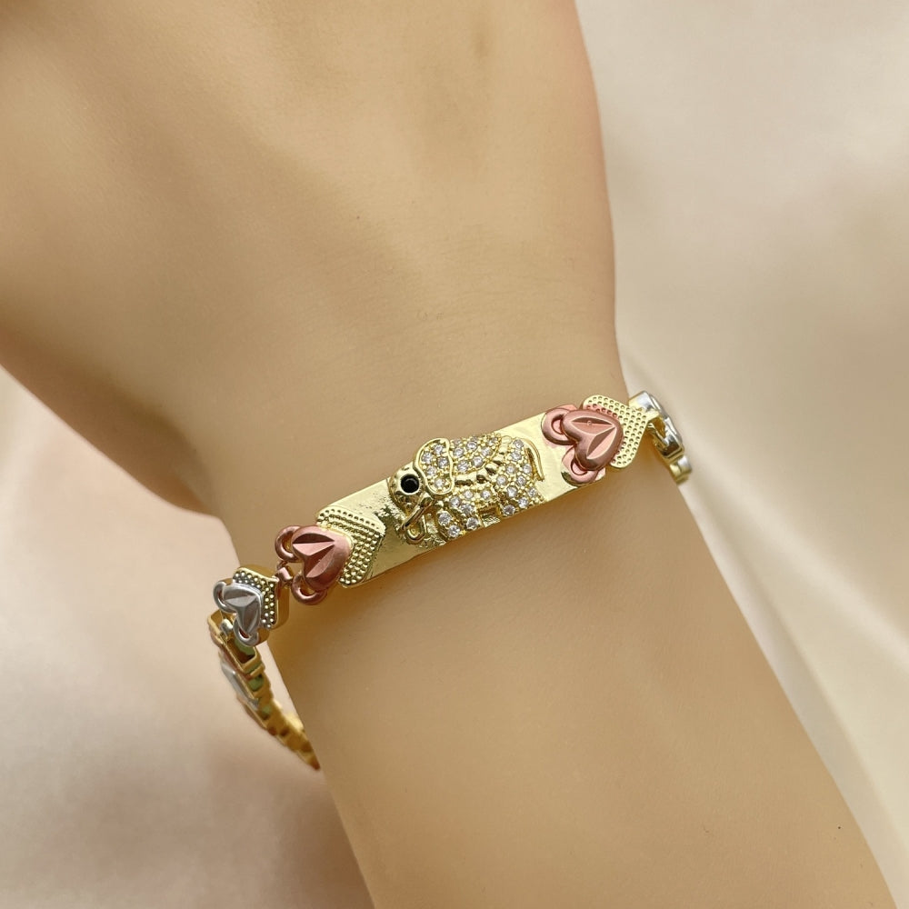 8" Tricolor Gold Fancy Heart Bracelet w/ Elephant Design - Handmade Gold Filled Style Bracelets - 03.253.0074.08