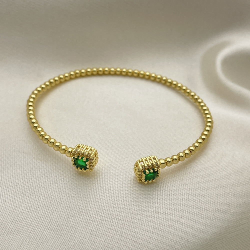 Open Gold Bead Bangle Bracelet - Handmade w/ Emerald Green Stones - Gold Filled Style Cuff Bangles - 07.228.0004.2