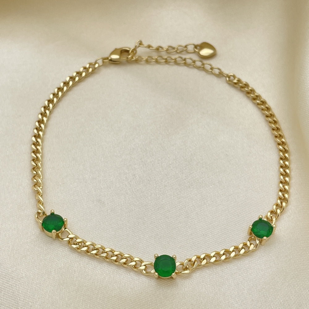 7" Adjustable Cuban Bracelet w/ Emerald Green Round Stones -Handmade - Gold Filled Bracelets -  03.213.0161.07