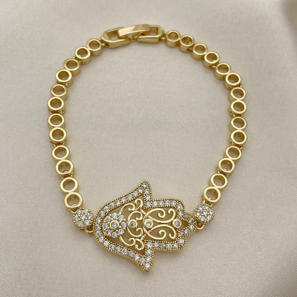 7" Gold Hamsa Design w/ White CZ Stones - Sparkling Handmade Gold Filled Style Bracelets - 03.283.0035.07