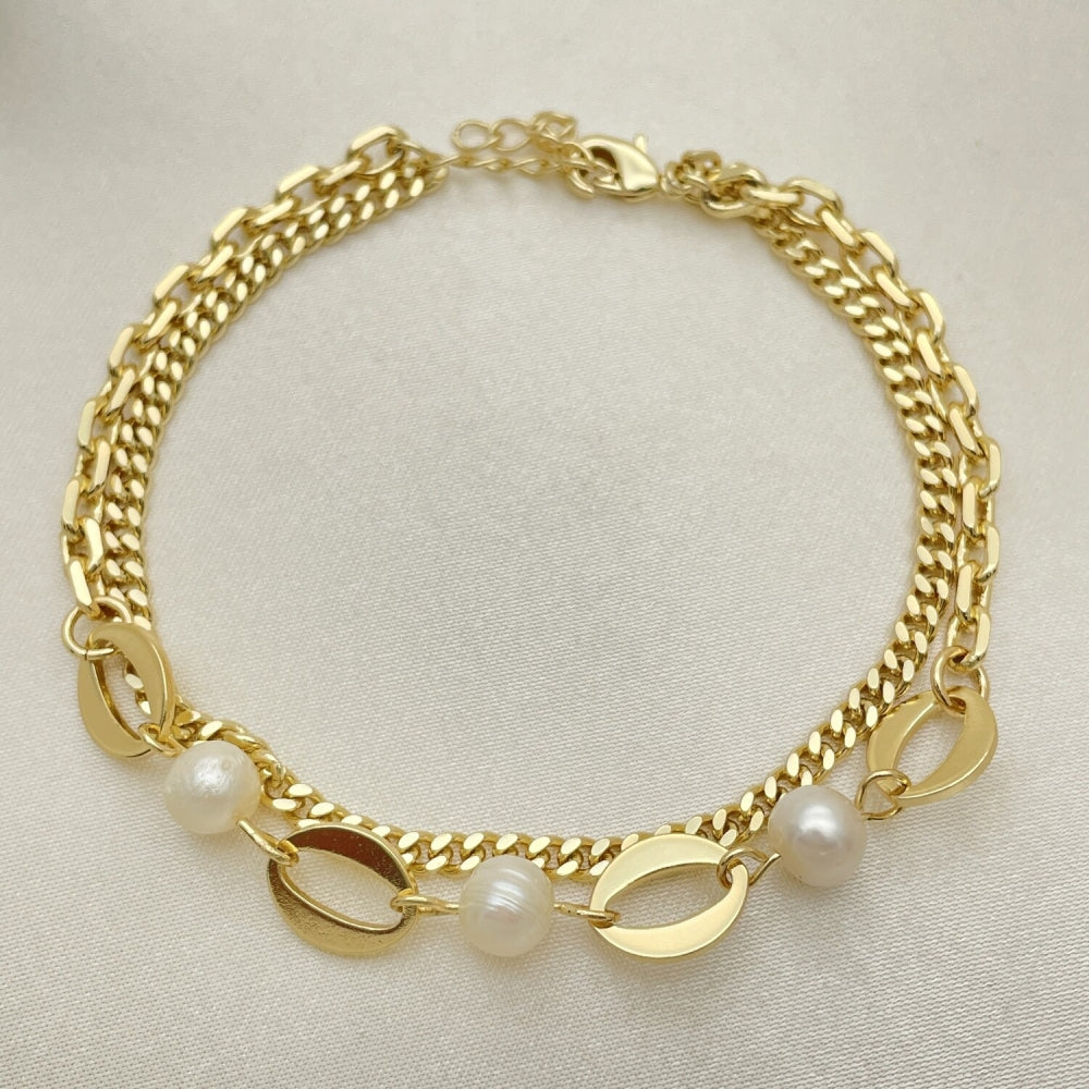 7" Gold Miami Cuban Bracelet w/ Ivory Pearl - Handmade Gold Filled Style Bracelets - 03.213.0204.07