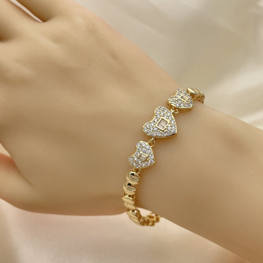 7" Gold Fancy Bracelet  w/ Heart White CZ Stones Design - Handmade Gold Filled Style Bracelets-03.283.0054.07