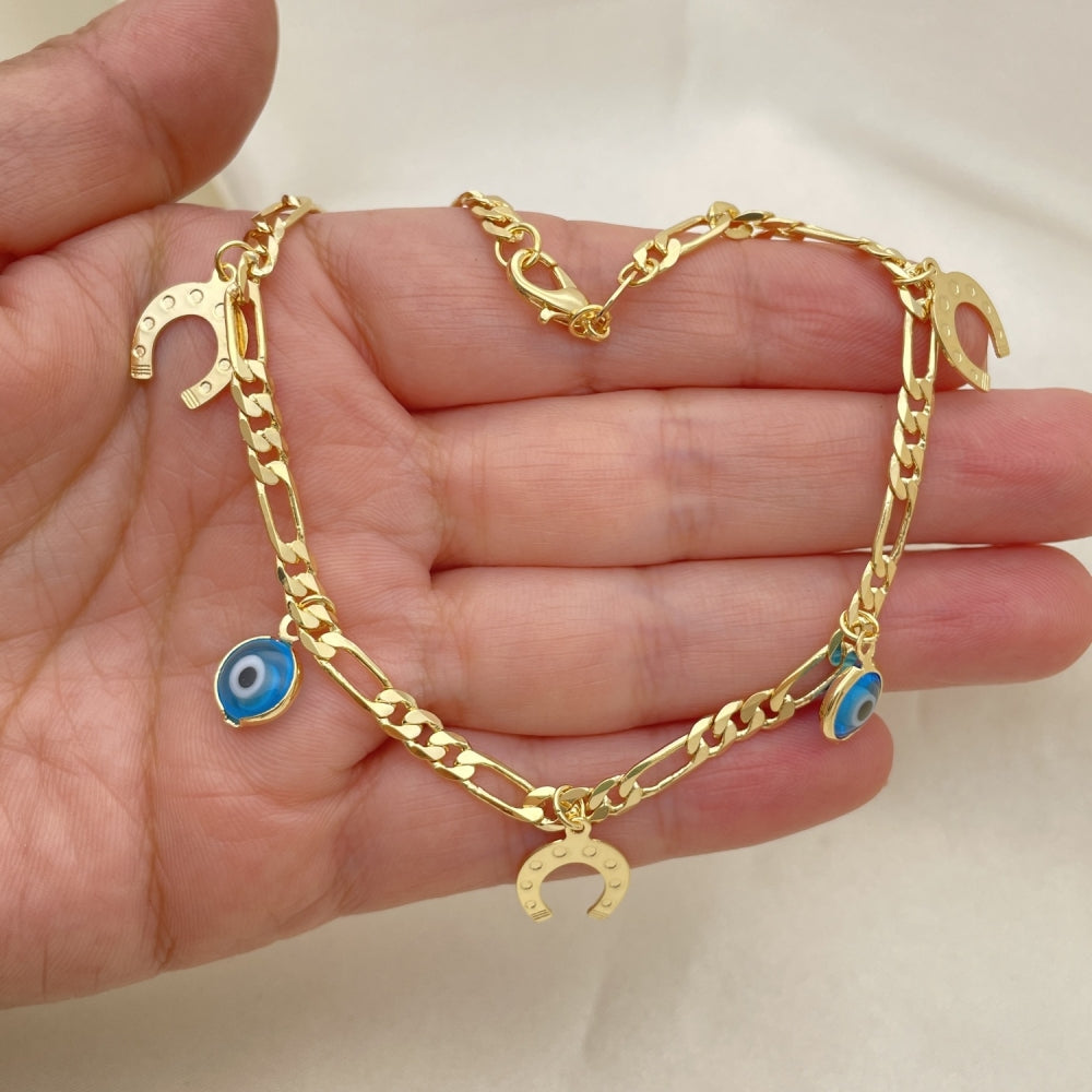 Gold Anklet - Figaro Chain w/ Horseshoe, Evil Eye Charm Handmade with the Highest Gold Filled Style Craftsmanship - Anklets 03.32.0601.10