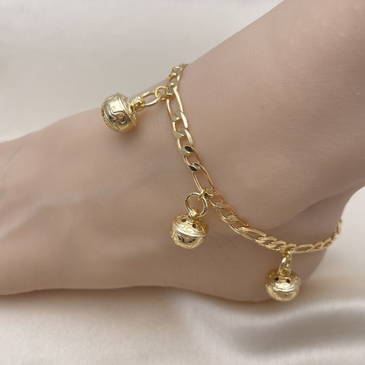 06 MM Gold Anklet - Figaro Chain w/ Rattle Elephant Charm Handmade  - Gold Filled Style Anklets 03.63.1755.10.GT