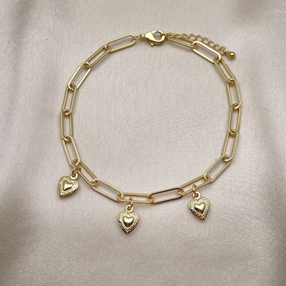 Gold Anklet - Paperclip Chain w/ Heart Charms Handmade with the Highest Gold Filled Style Craftsmanship - Gold Filled Anklets 03.63.2279.10