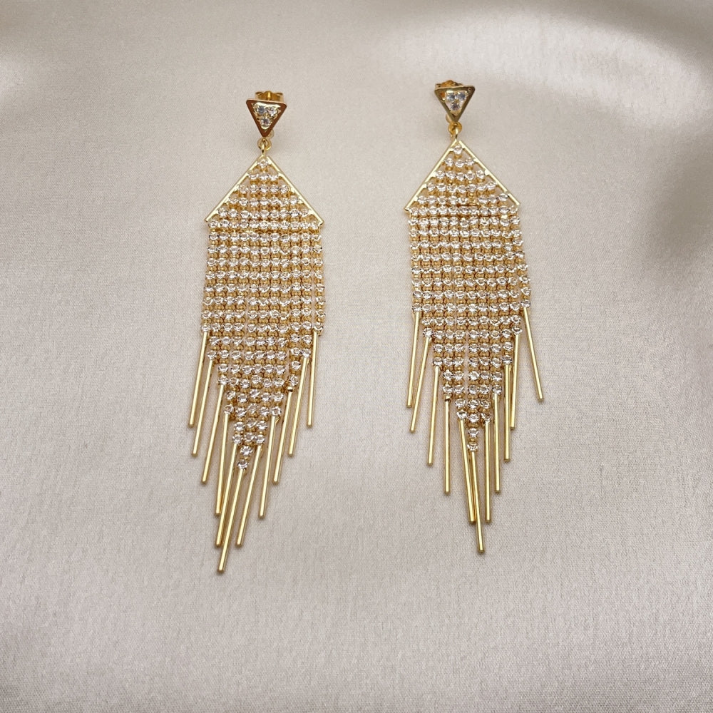 Long Drop Earrings Handmade w/ Diamond Crystal Zirconia Settings in Gold Filled Style Light Weight - Gold Filled Earrings 02.268.0104