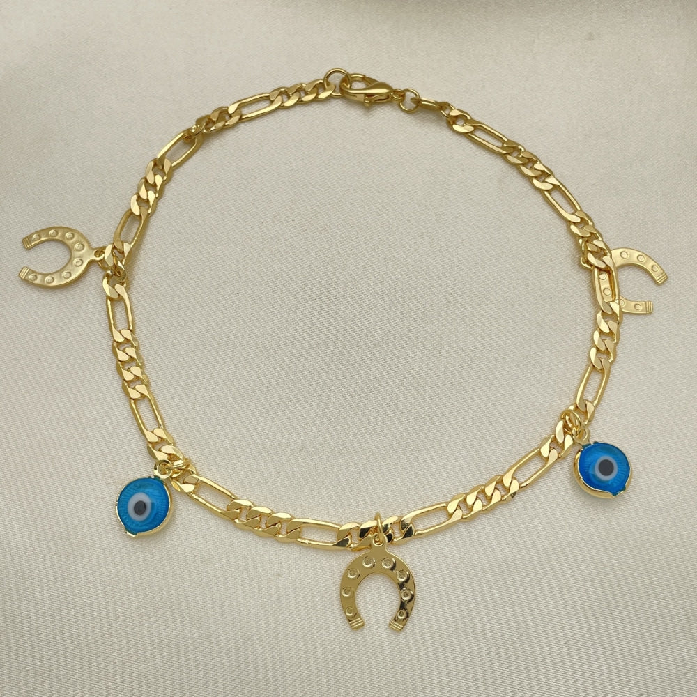 Gold Anklet - Figaro Chain w/ Horseshoe, Evil Eye Charm Handmade with the Highest Gold Filled Style Craftsmanship - Anklets 03.32.0601.10