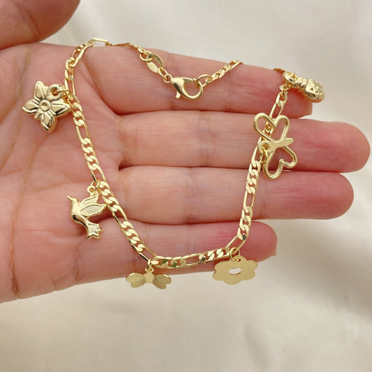 Gold Anklet - Figaro Chain w/ Butterfly, Bird, and Flower Charm Handmade with Highest Gold Filled Style - Minimalist Anklets 03.32.0607.10