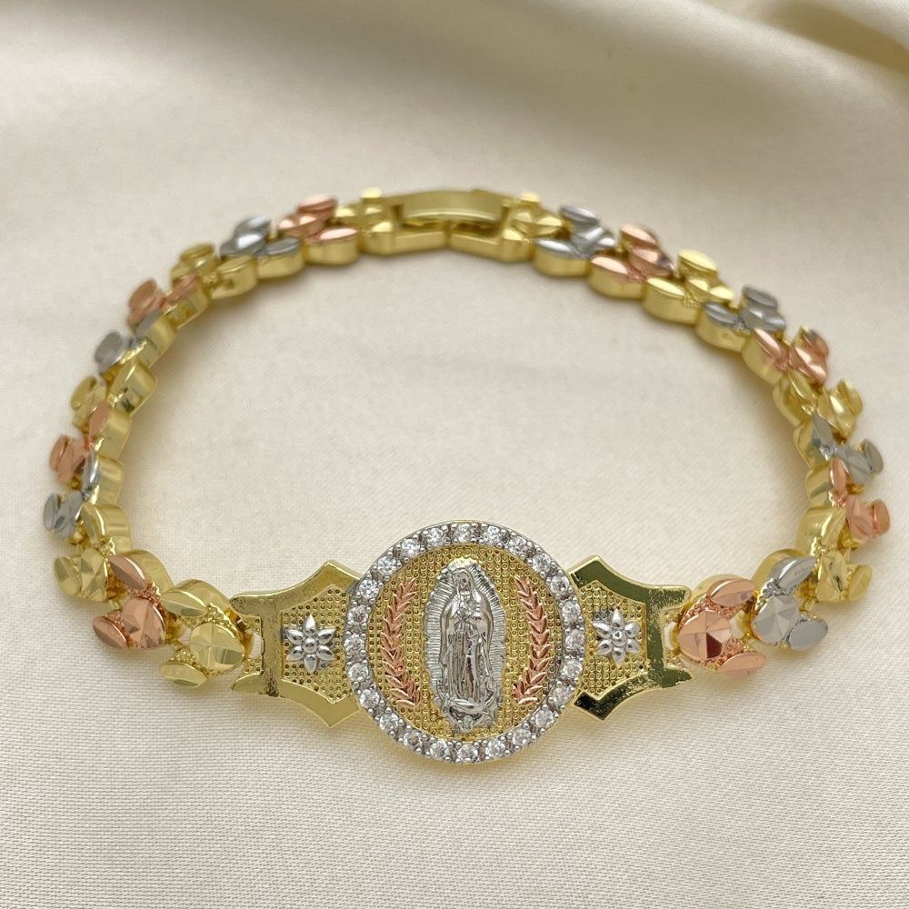 8" Tricolor Gold Fancy Heart Bracelet w/ Guadalupe White CZ- Handmade Gold Filled Style Bracelets - 03.253.0082.08