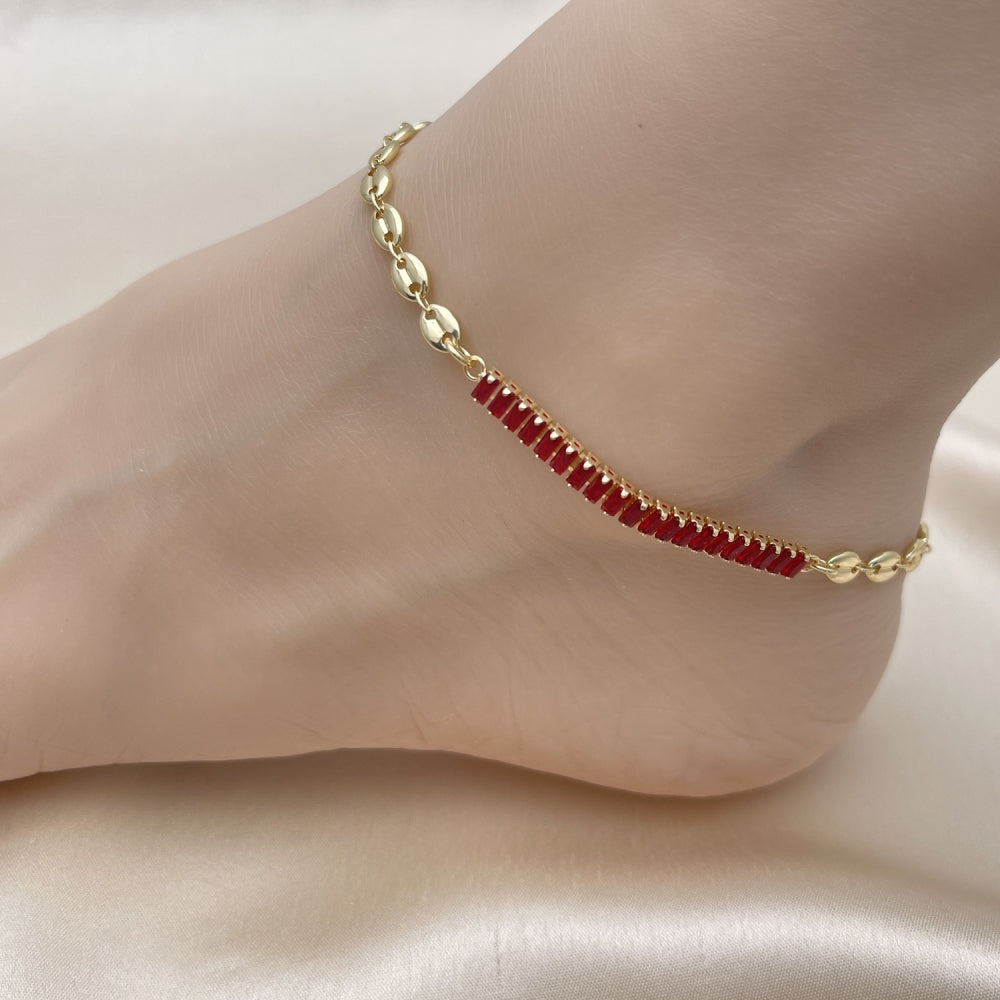 Gold Anklet - Mariner Chain w/ Ruby Red Tennis Style Handmade with the Highest Craftsmanship - Gold Filled Style Anklets 03.130.0013.2.10