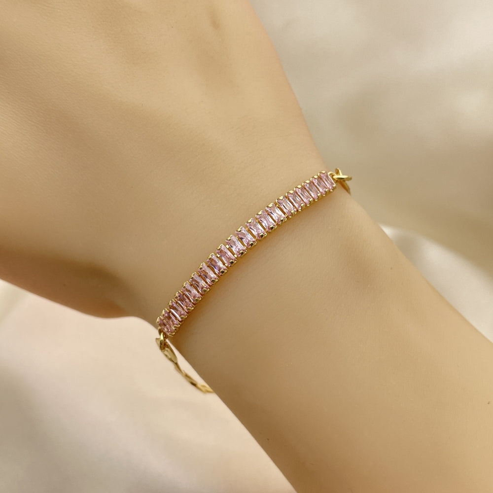 7" Adjustable Figaro Bracelet w/ Pink Sapphire Stones -Handmade Gold Filled Style - 03.130.0012.3.08