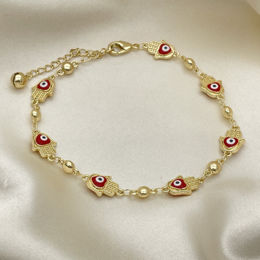 Gold Anklet - Hamsa Design w/ Red Evil Eye Charm Handmade with the Highest Craftsmanship - Gold Filled Style Anklets 03.213.0146.1.10