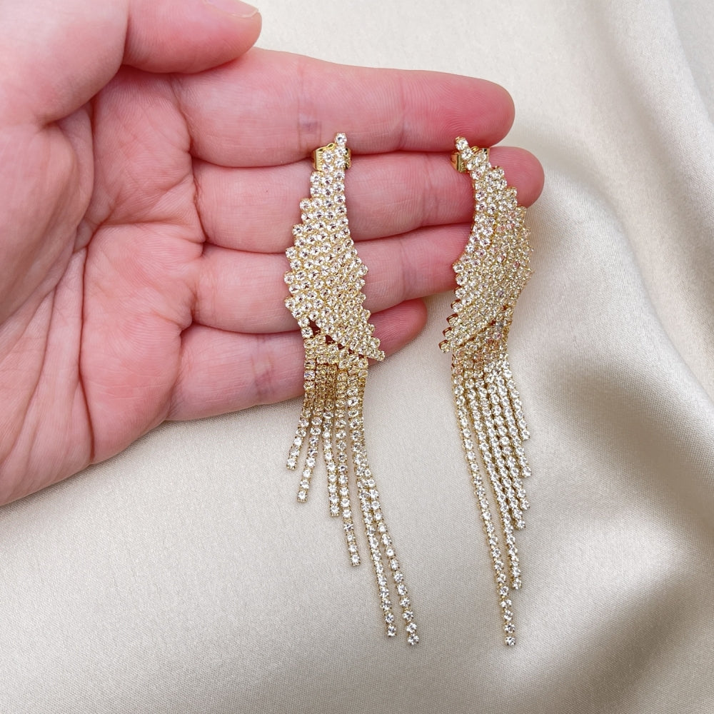 Long Drop Earrings Handmade w/ Diamond Crystal Zirconia Settings in Gold Filled Style Light Weight - Gold Filled Earrings 02.268.0102