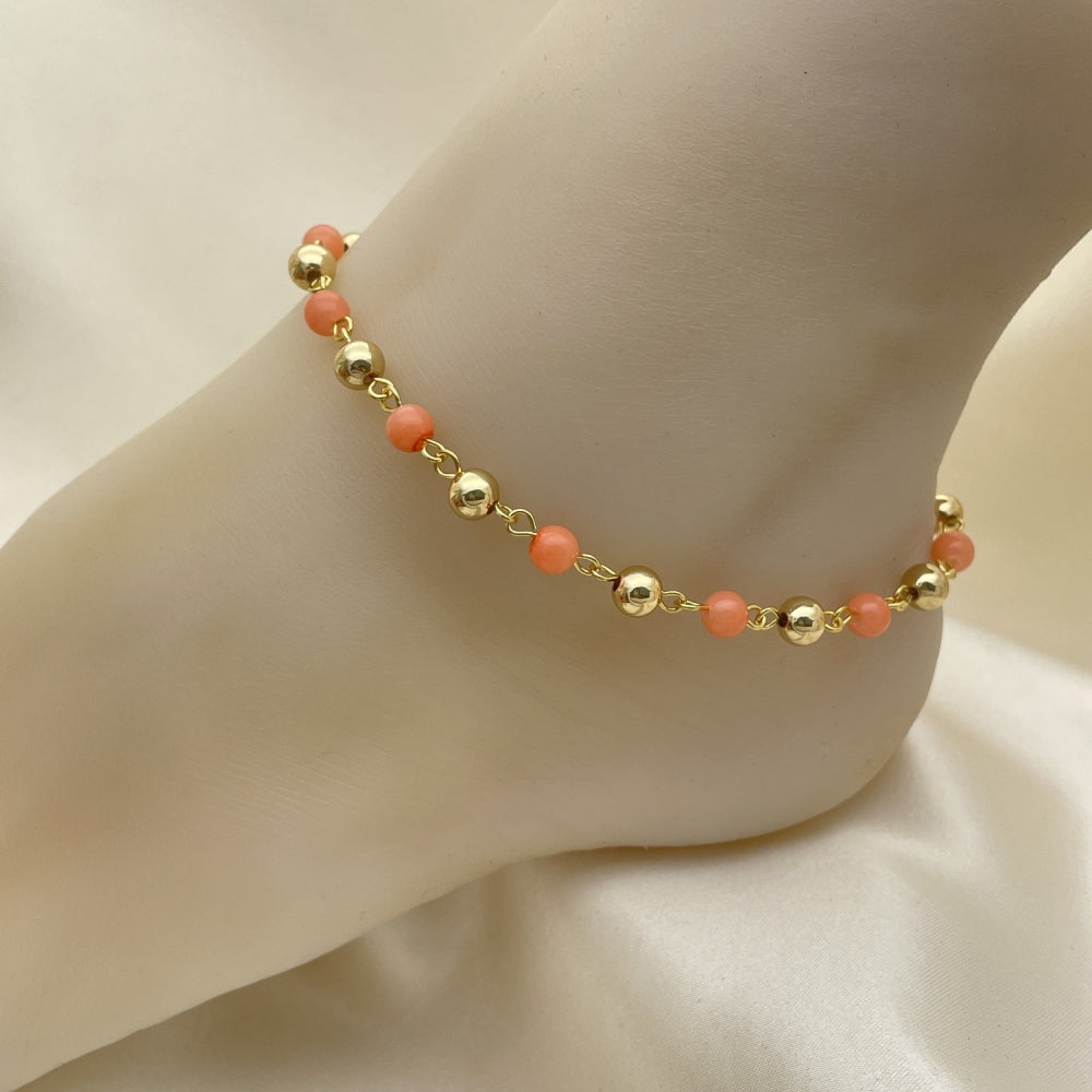 Gold Anklet - Pink Coral Pattern w/ Gold Beads Handmade with the Highest Craftsmanship - Gold Filled Style Anklets 03.63.2227.2.10