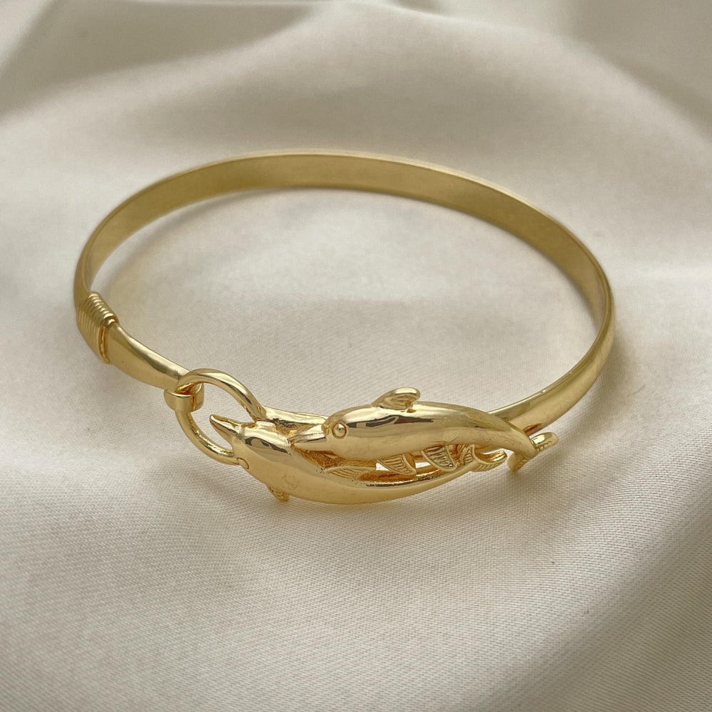 Gold Bangle Bracelet - Handmade w/ Double Dolphin Design  - Gold Filled Style Cuff Bangles 07.192.0020.1.04