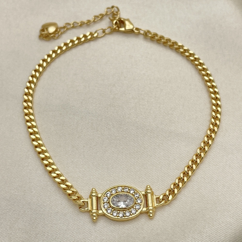 7" Adjustable Cuban Bracelet w/ White CZ Stones Handmade - Gold Filled Bracelets - 03.213.0178.07