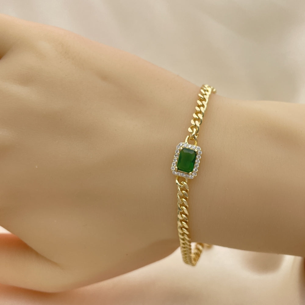 7" Adjustable Cuban Bracelet w/ Emerald Green Stones -Handmade - Gold Filled Bracelets -  03.213.0150.2.07