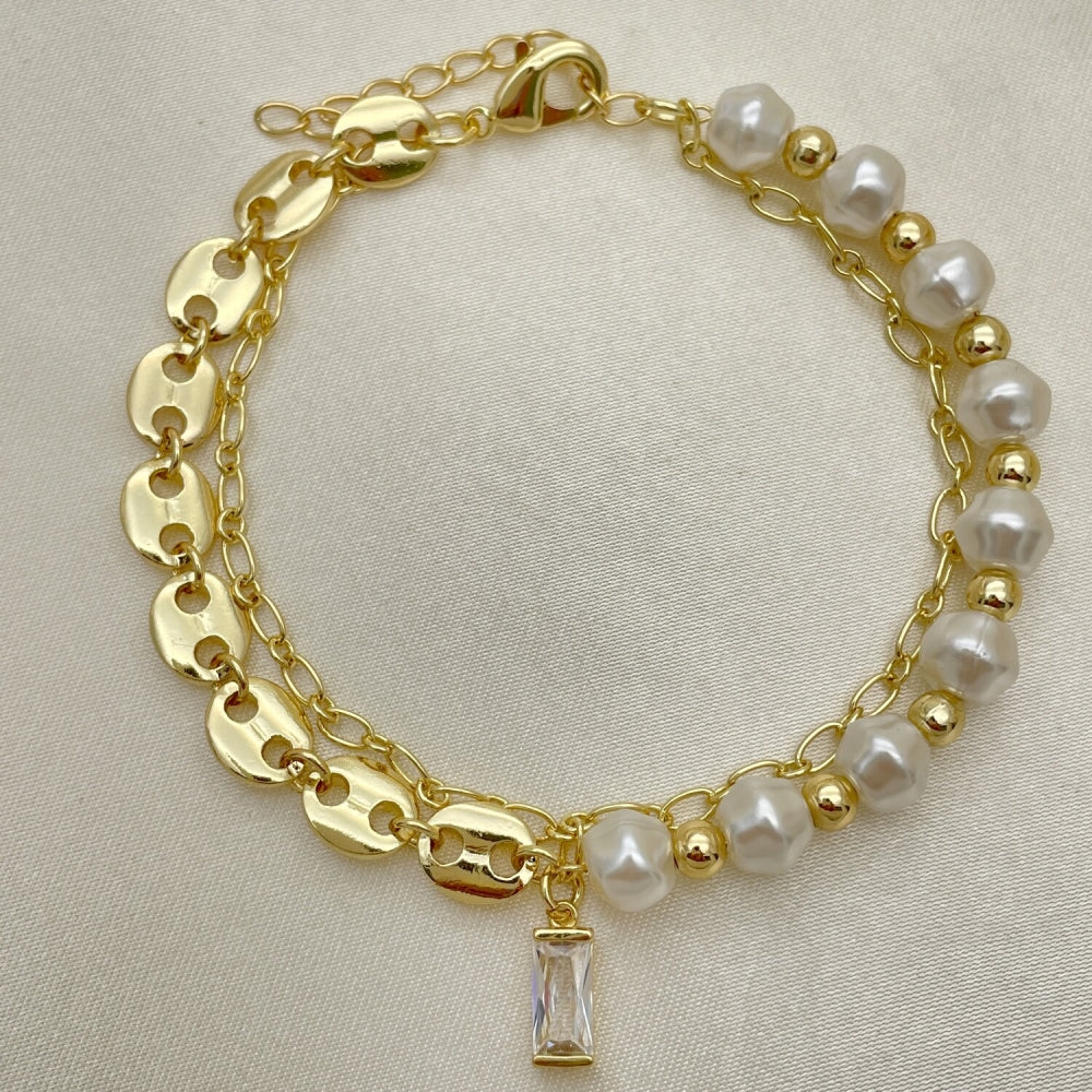 7" Gold Mariner Bracelet w/ Ivory Pearls and CZ Charm - Handmade Gold Filled Style Bracelets -03.213.0203.07