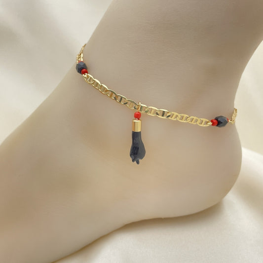 Gold Anklet - Figaro Chain w/ Azavache Charm Handmade with the Highest Gold Filled Style Craftsmanship - Gold Filled Anklets 03.63.1812.10