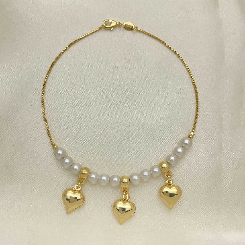 Gold Anklet - Pearl w/ Heart Charms Handmade with the Highest Gold Filled Style Craftsmanship - Gold Filled Anklets 03.32.0633.10