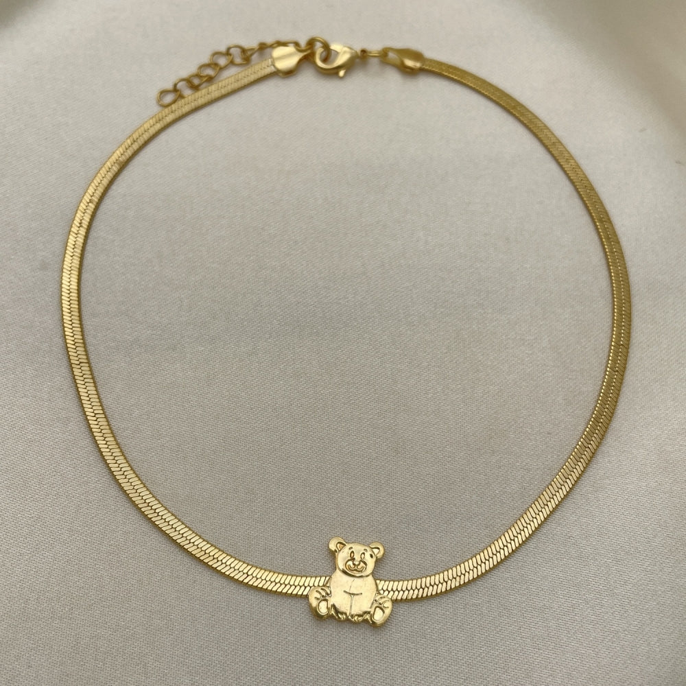 Gold Anklet - Herringbone Chain w/ Teddy Bear Charm Handmade with the Highest Gold Filled Style Craftsmanship - Minimalist Anklets 03.02.0099.10