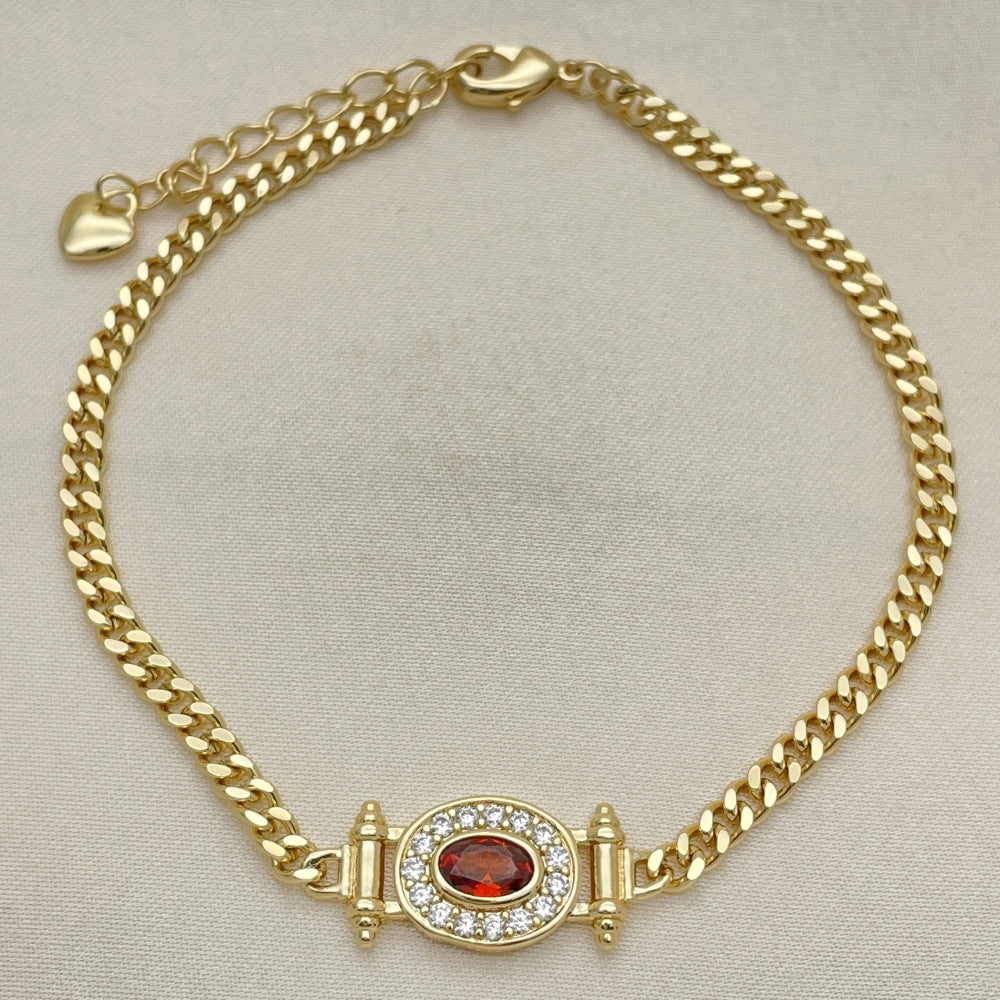 7" Adjustable Cuban Bracelet w/ Red Ruby and White CZ Stones Handmade - Gold Filled Bracelets - 03.213.0178.2.07