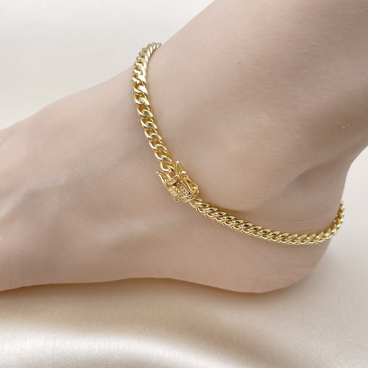 6mm Gold Anklet - Miami Cuban Link Iced Out Lock Handmade with CZ Settings - Gold Filled Style Anklets 04.156.0465.10