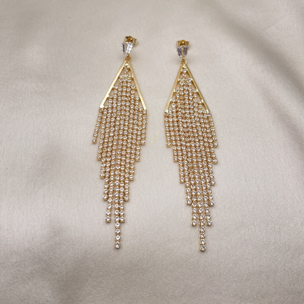 Long Drop Earrings Handmade w/ Diamond Crystal Zirconia Settings in Gold Filled Style Light Weight - Gold Filled Earrings 02.268.0108